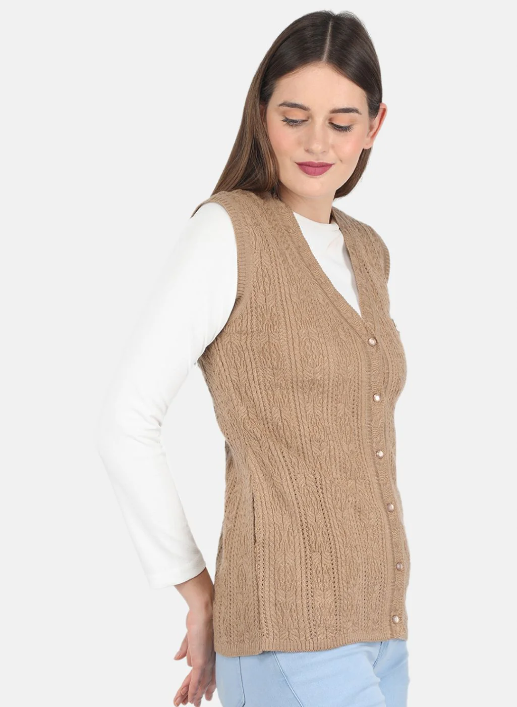 Women Beige Self design Cardigan - Image 6