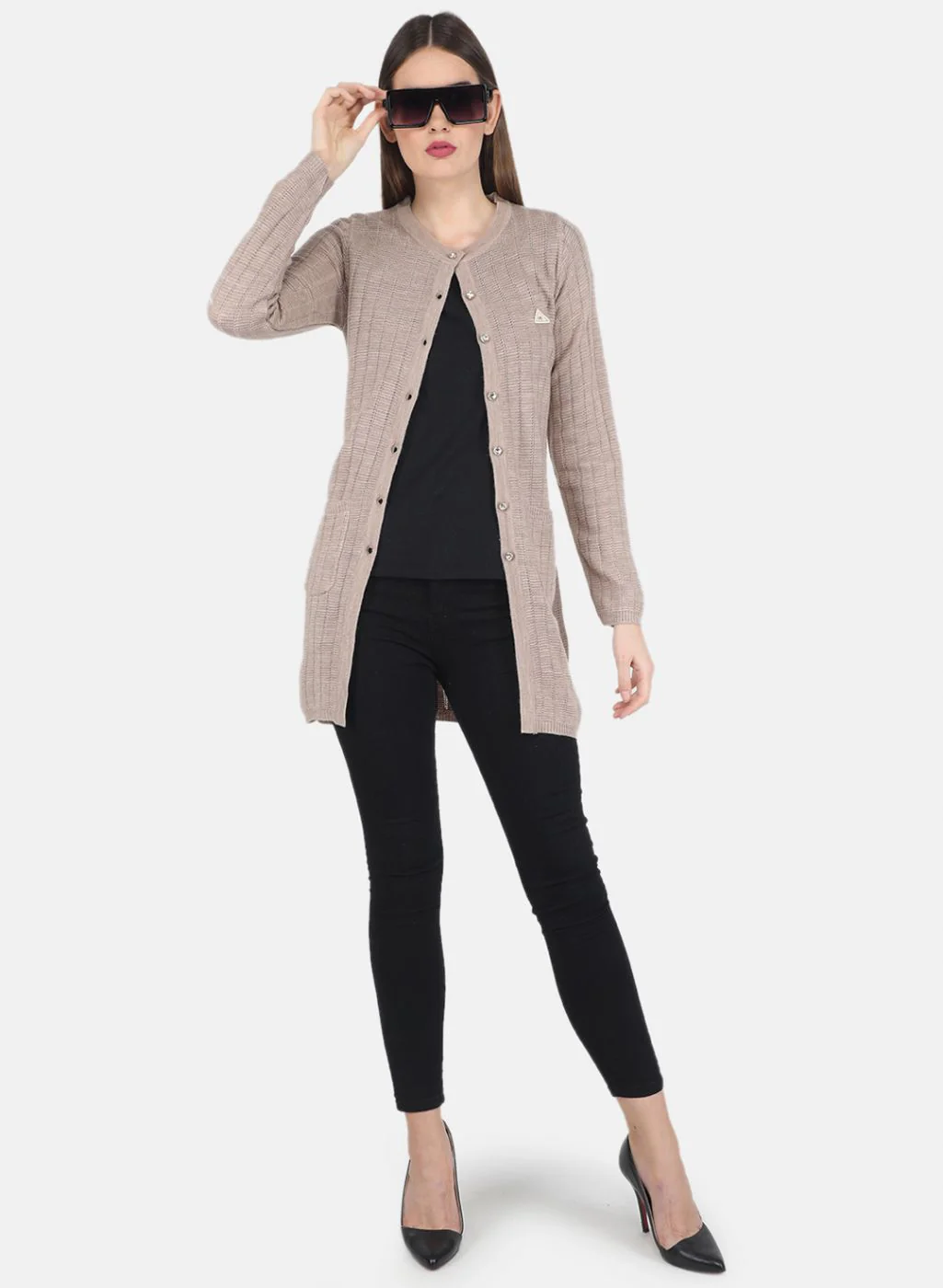 Women Beige Self design Cardigan - Image 4
