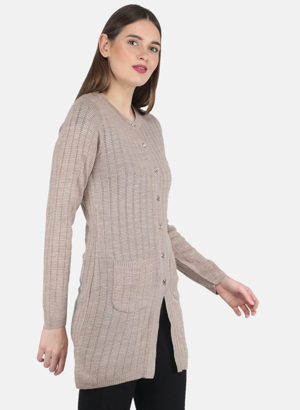 Women Beige Self design Cardigan - Image 6