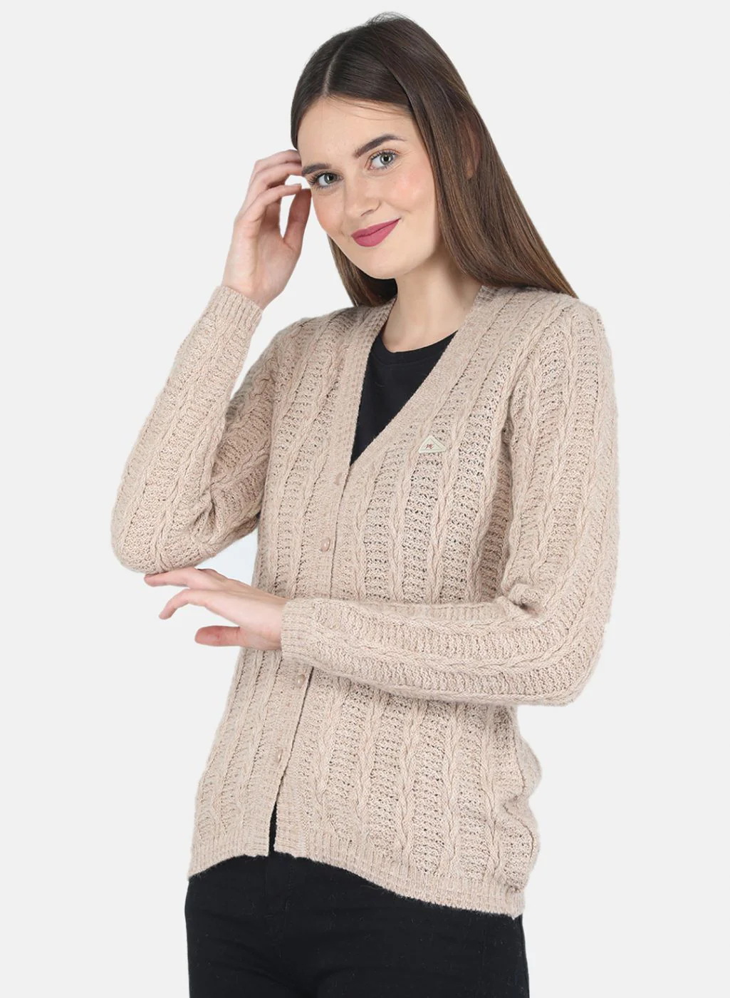 Women Beige Self design Cardigan - Image 2