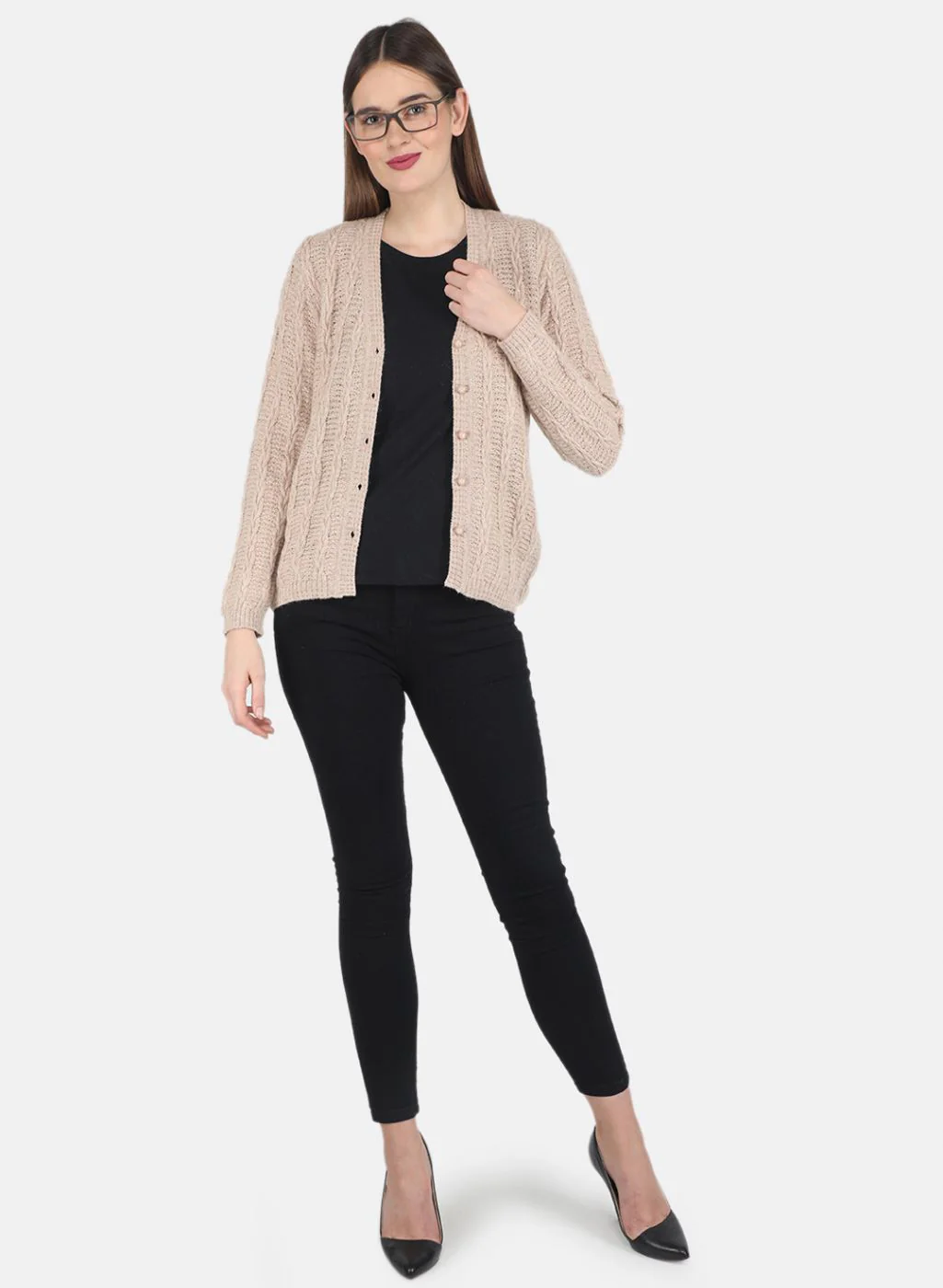 Women Beige Self design Cardigan - Image 4
