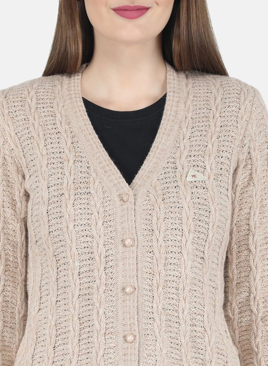 Women Beige Self design Cardigan - Image 5