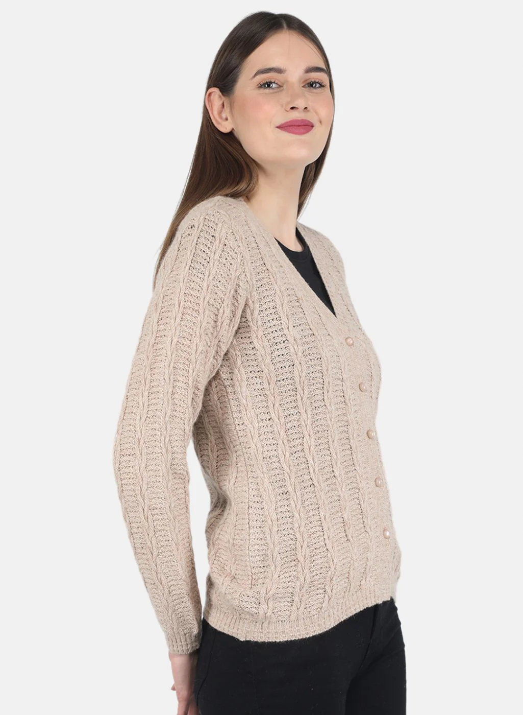 Women Beige Self design Cardigan - Image 6