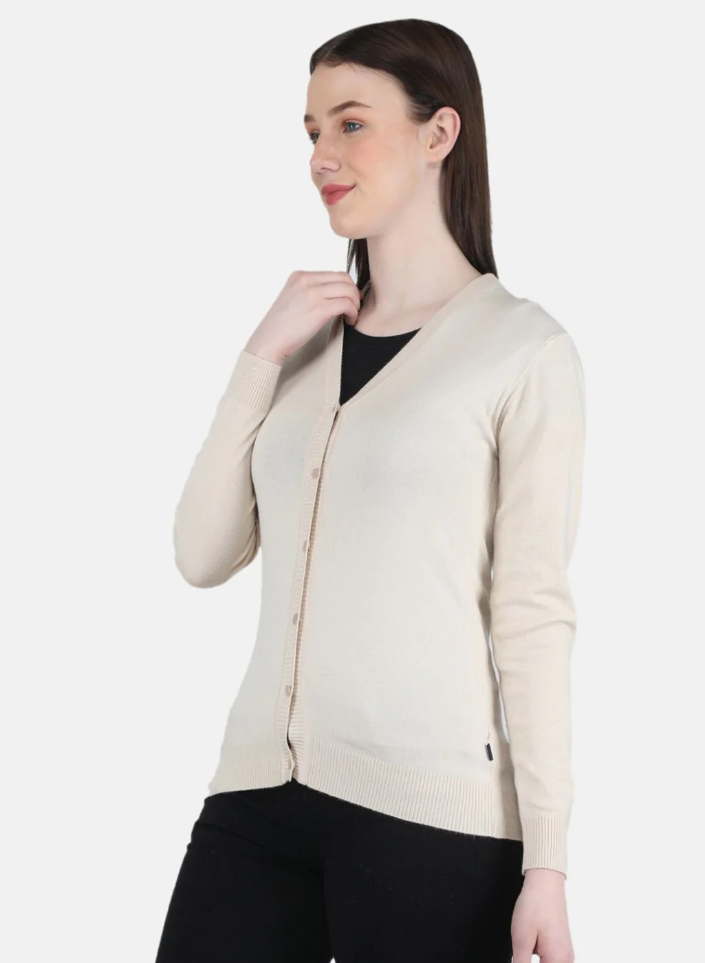 Women Beige Self Design Cardigan - Image 2