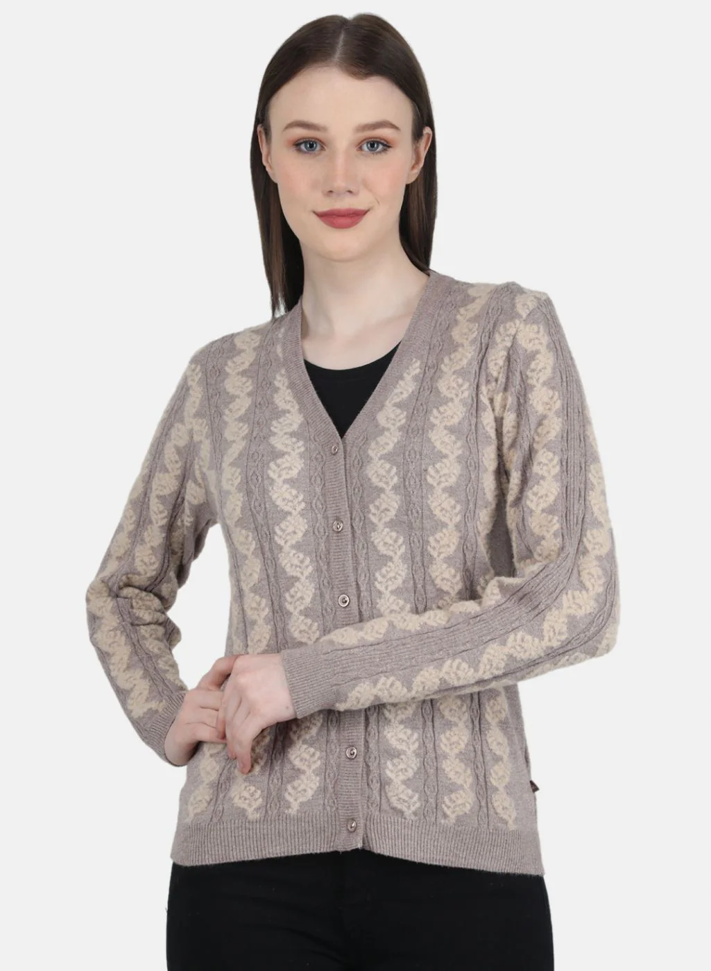 Women Beige Self Design Cardigan