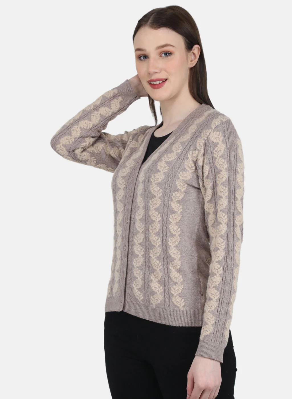 Women Beige Self Design Cardigan - Image 2