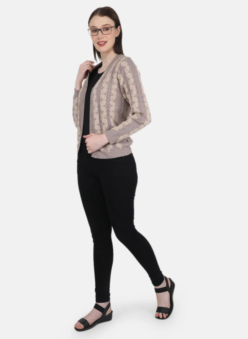 Women Beige Self Design Cardigan - Image 4