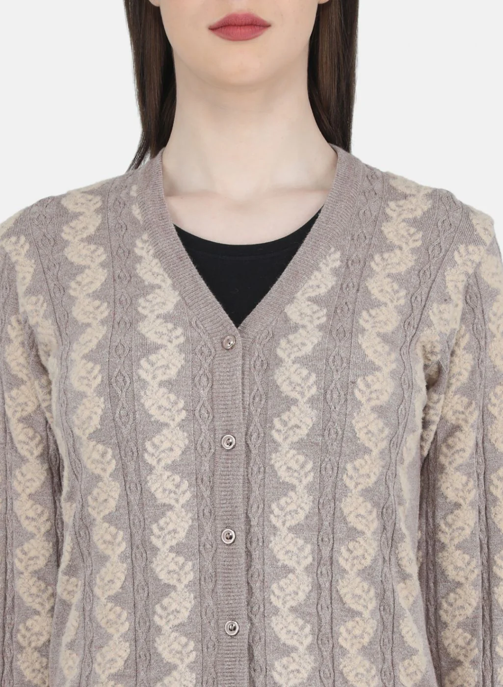 Women Beige Self Design Cardigan - Image 5