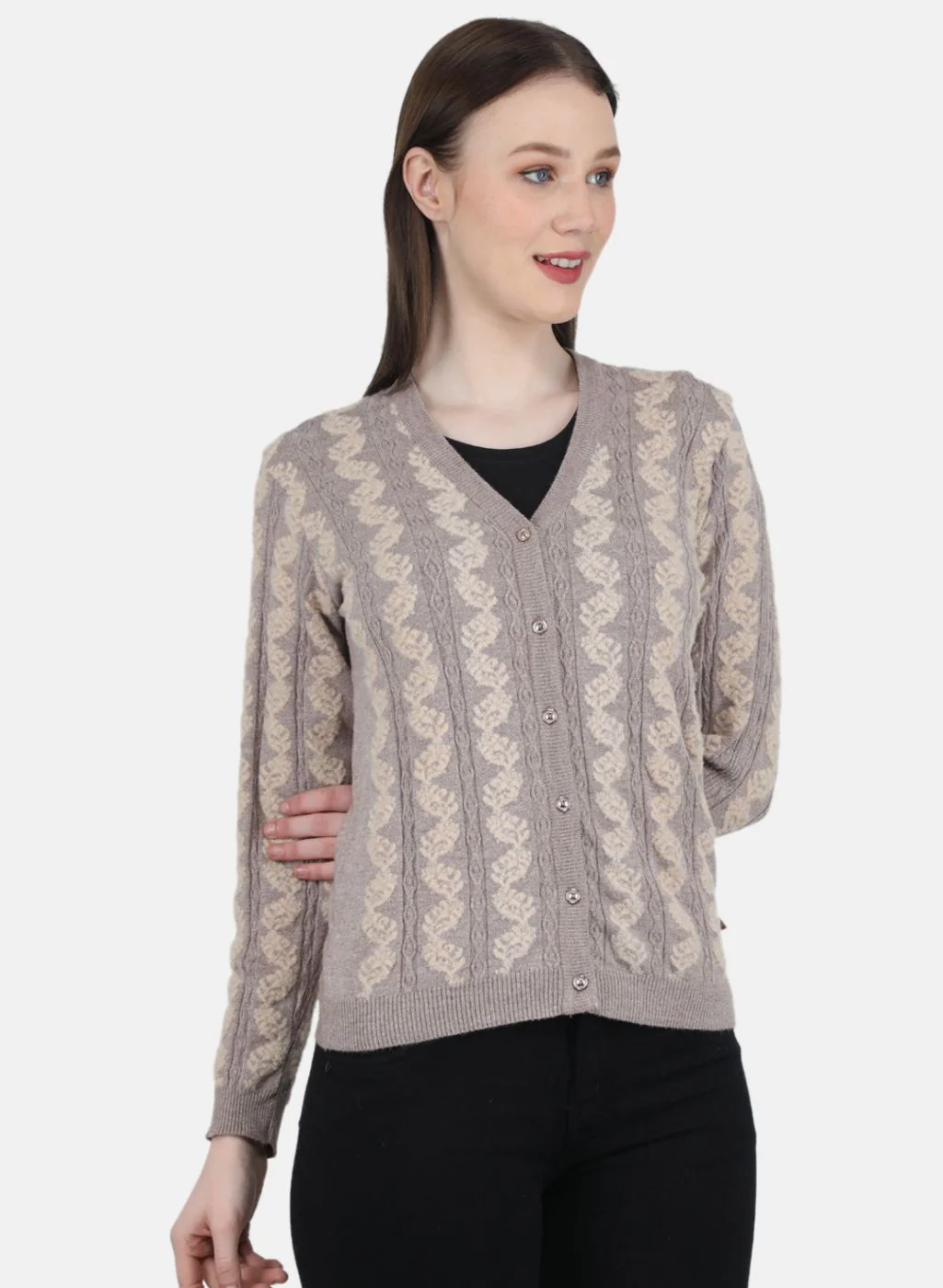 Women Beige Self Design Cardigan - Image 6