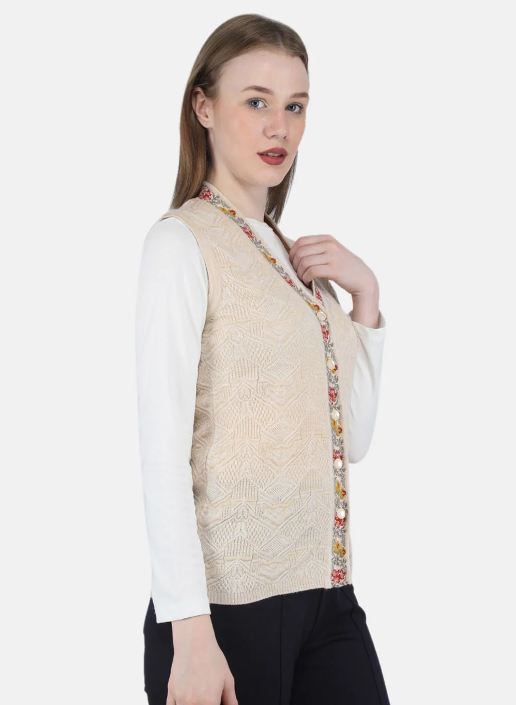 Women Beige Self Design Cardigan - Image 6