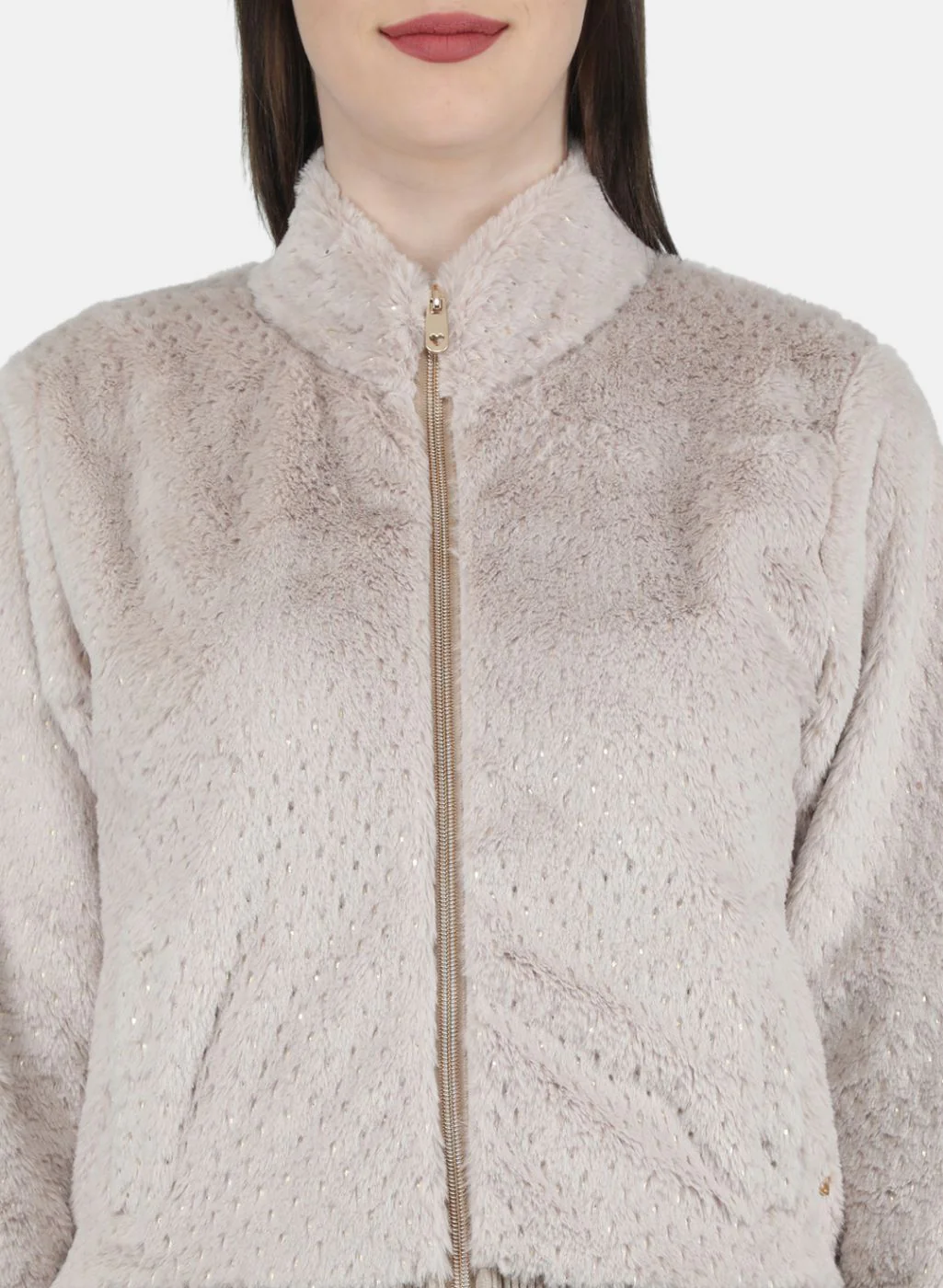 Women Beige Self Design Sweatshirt - Image 5
