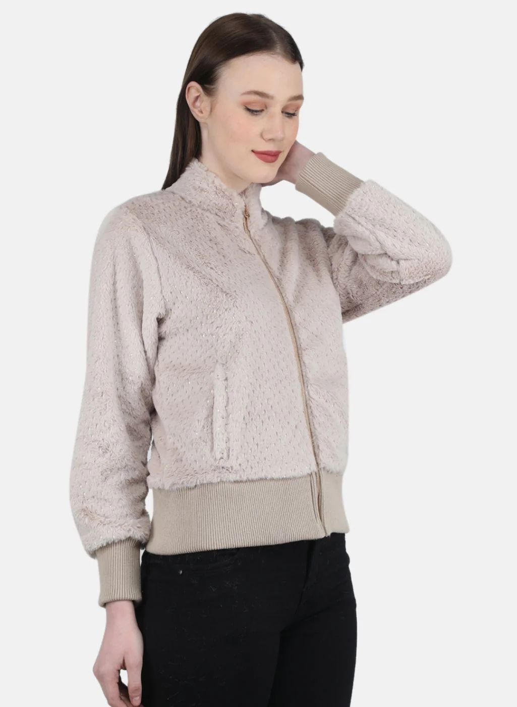Women Beige Self Design Sweatshirt - Image 6