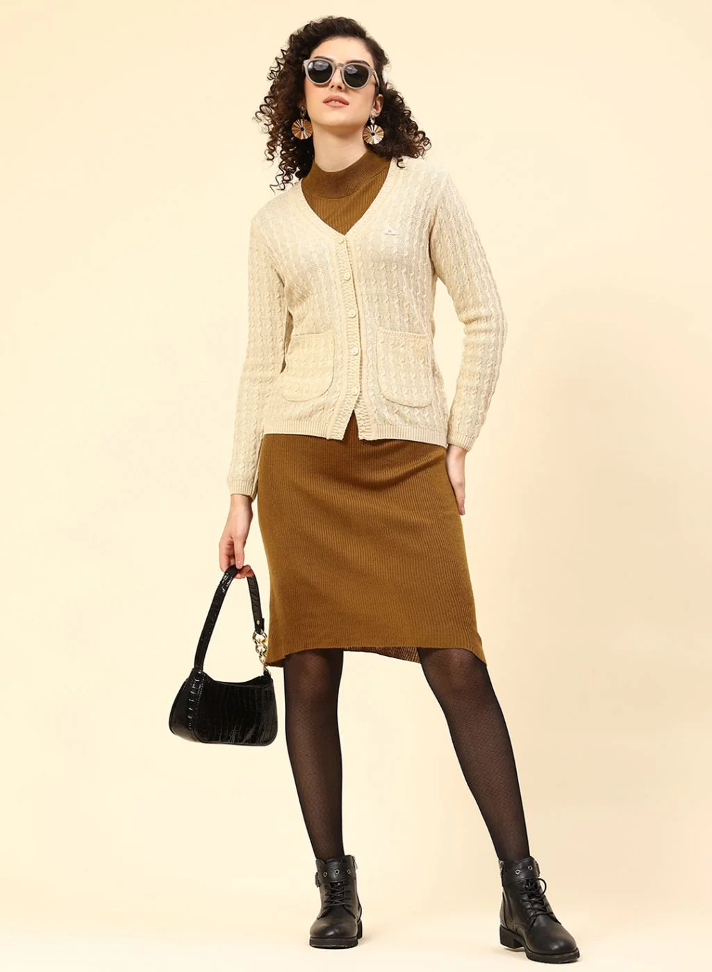 Women Beige Self Design Wool blend Cardigan