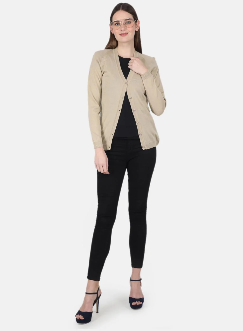 Women Beige Solid Cardigan - Image 4