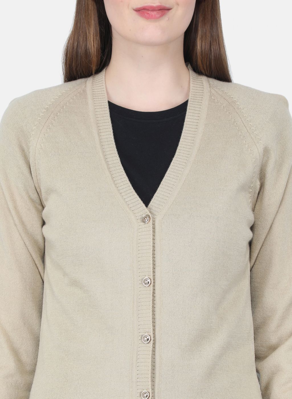 Women Beige Solid Cardigan - Image 5