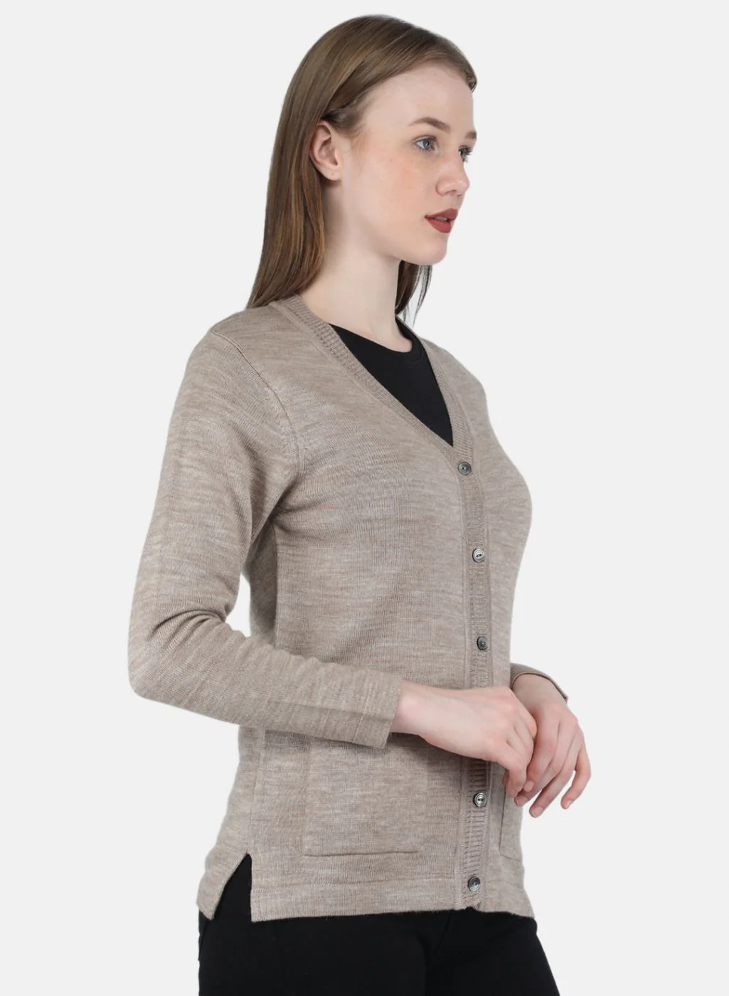 Women Beige Solid Cardigan - Image 6