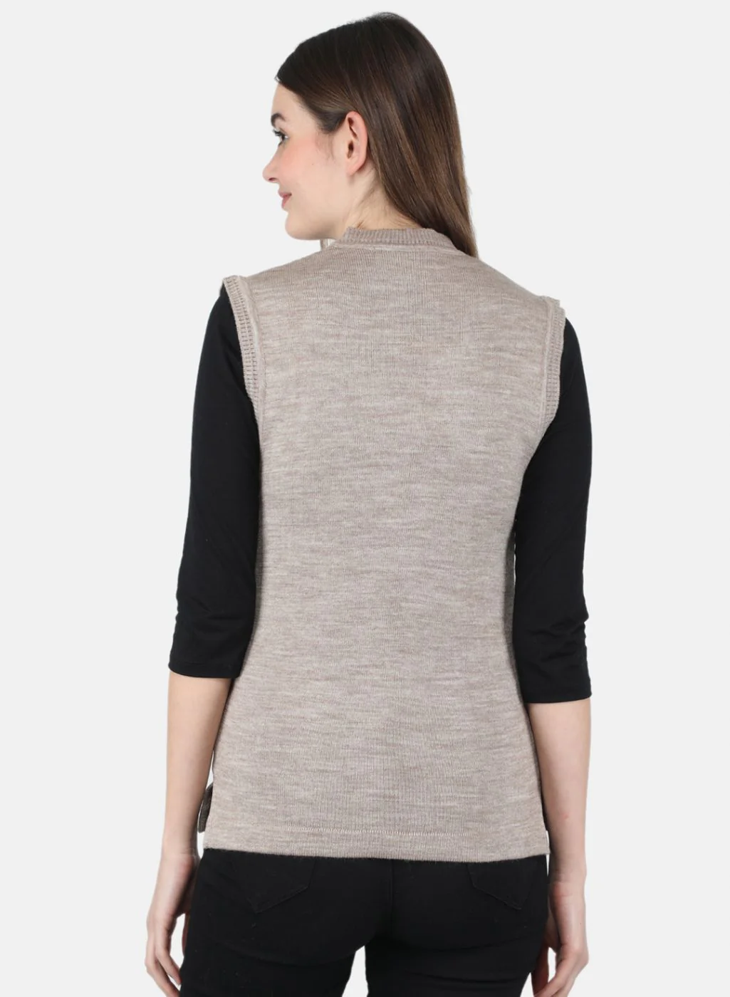 Women Beige Solid Cardigan - Image 3