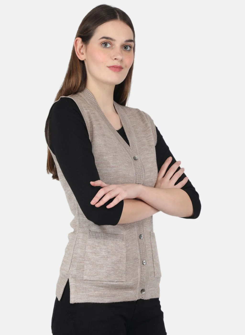 Women Beige Solid Cardigan - Image 6