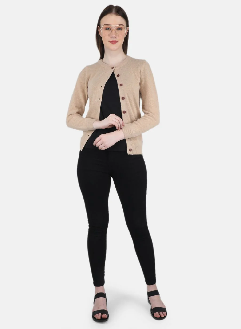 Women Beige Solid Cardigan - Image 4