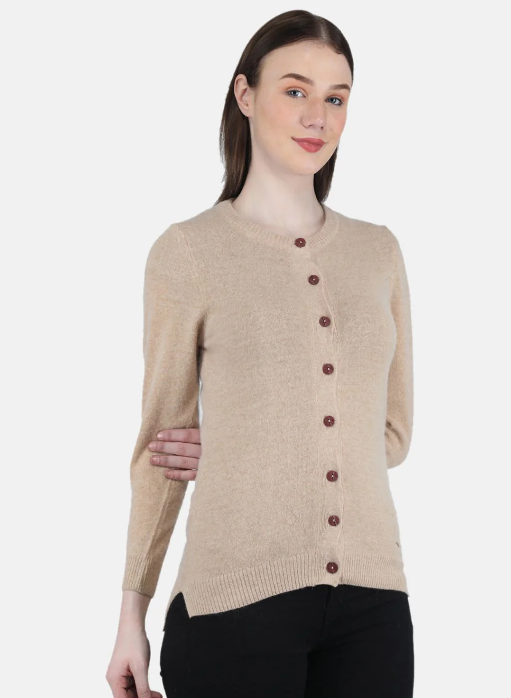 Women Beige Solid Cardigan - Image 6