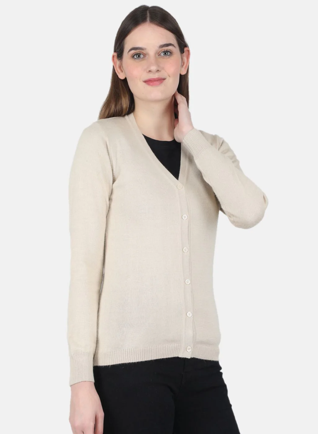 Women Beige Solid Cardigan - Image 6
