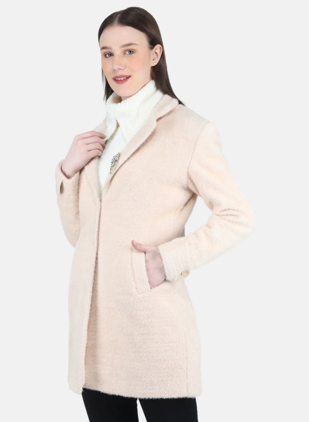Women Beige Solid Coat - Image 2