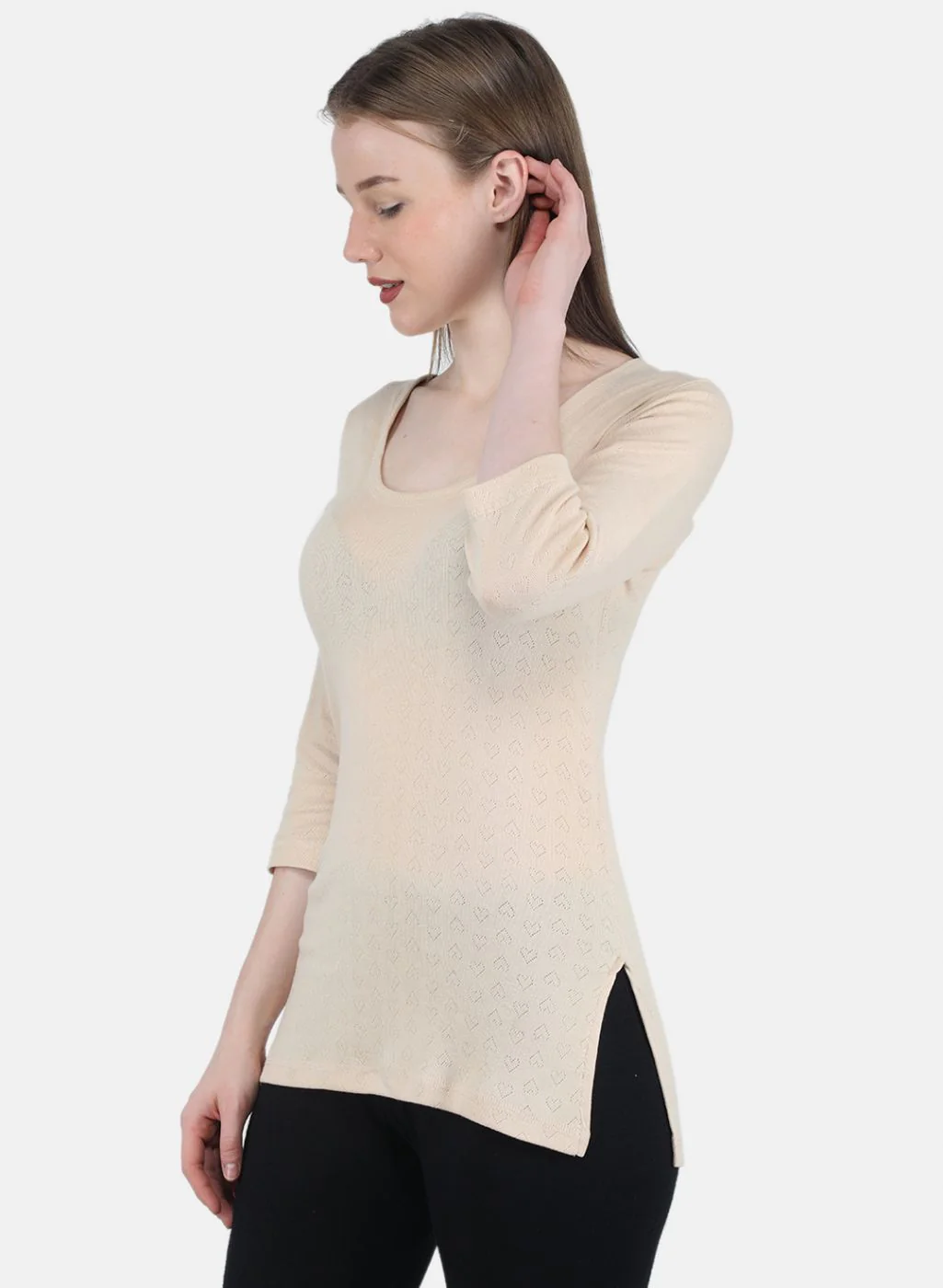 Women Beige Solid Thermal Vest - Image 2