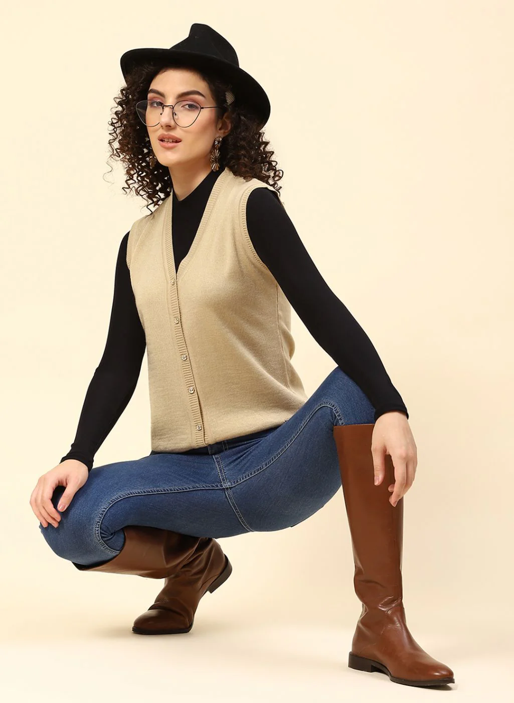 Women Beige Solid Wool blend Cardigan