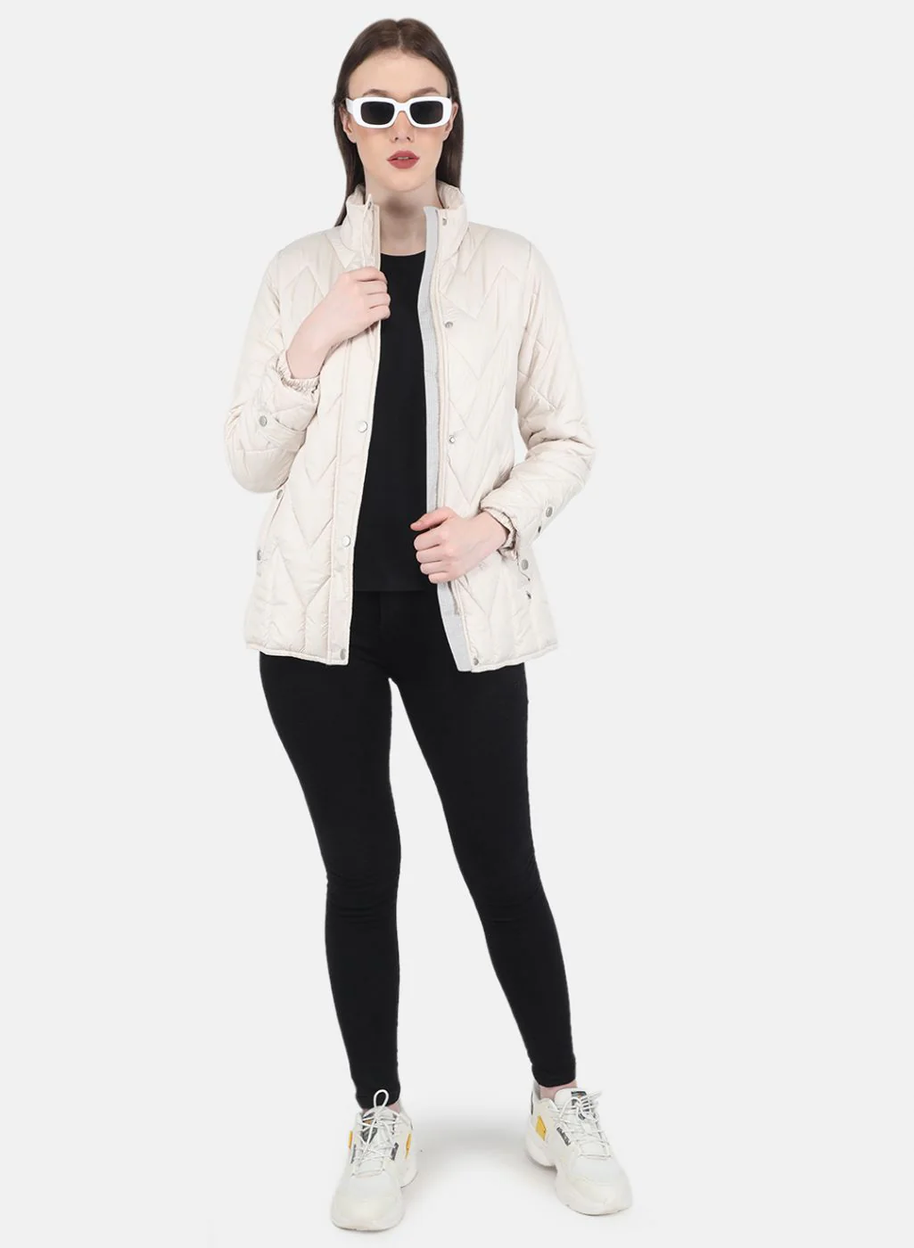 Women Beige Stripe Jacket - Image 4