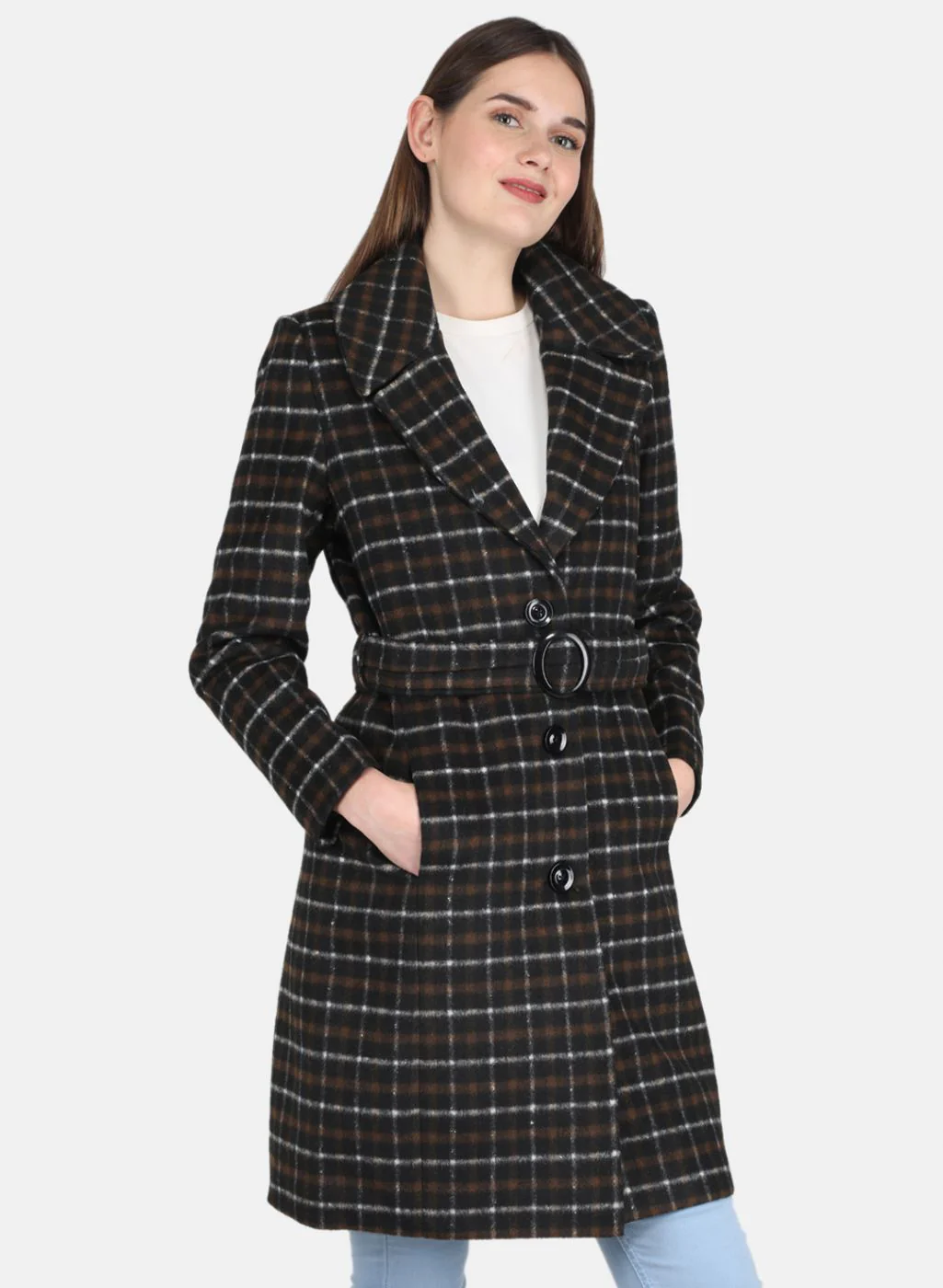 Women Black Check Coat - Image 6