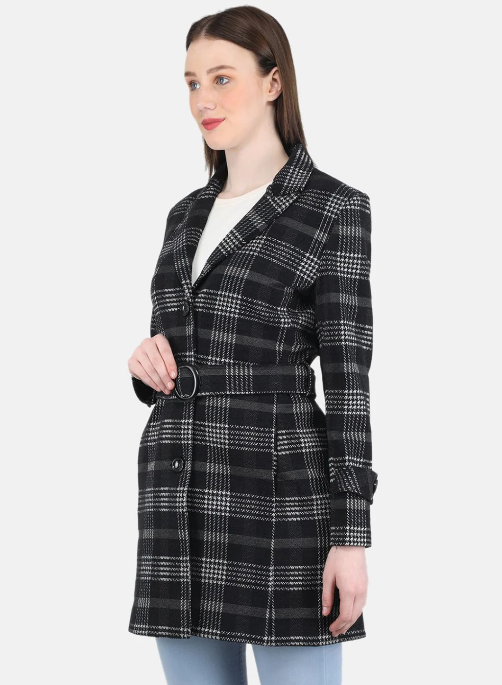 Women Black Check Coat - Image 2