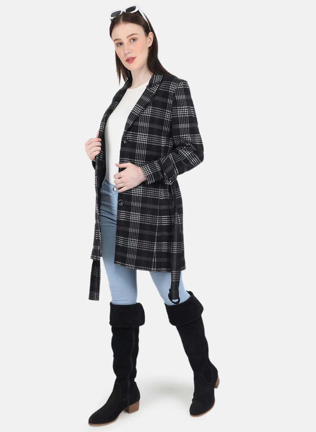Women Black Check Coat - Image 4