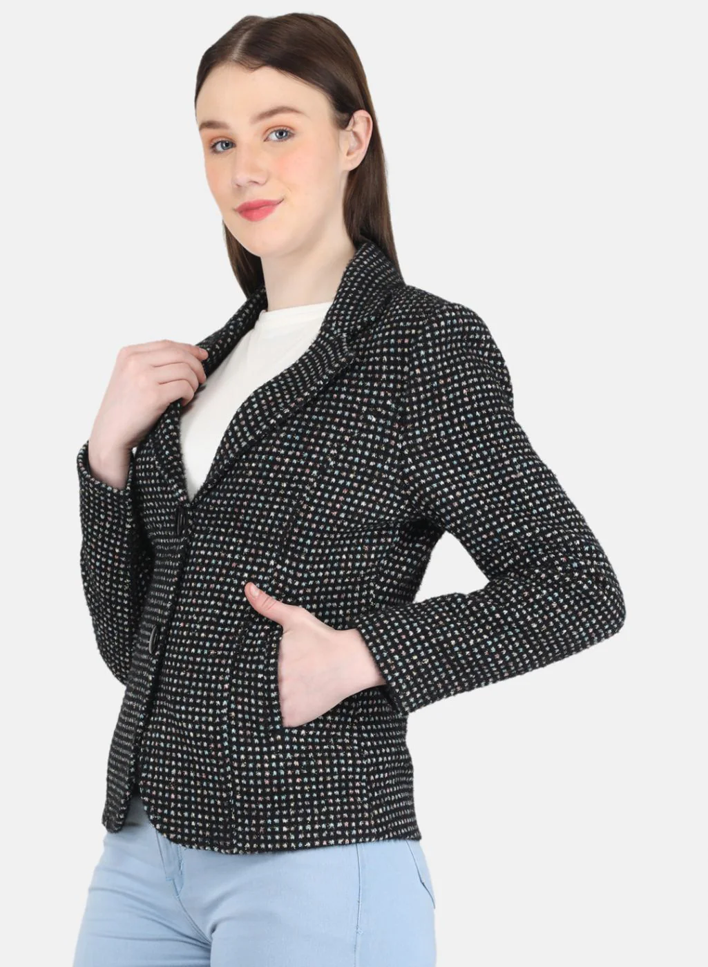 Women Black Jaquard Coat - Image 2