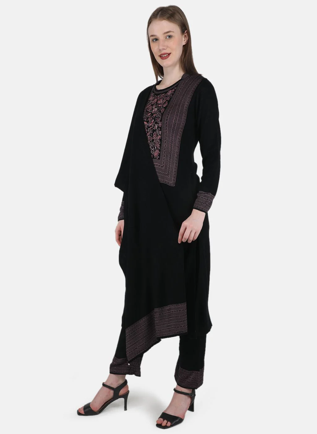Women Black Self Design 3 Pc Kurti+Stole+Lower - Image 2