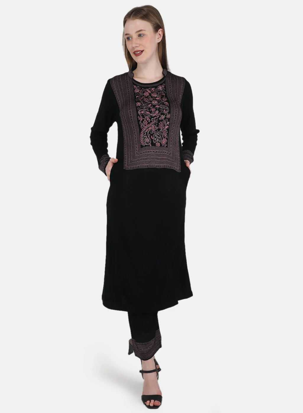 Women Black Self Design 3 Pc Kurti+Stole+Lower - Image 4
