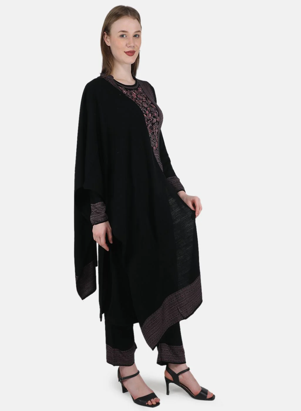Women Black Self Design 3 Pc Kurti+Stole+Lower - Image 6