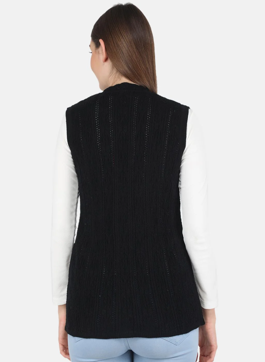 Women Black Self design Cardigan - Image 3