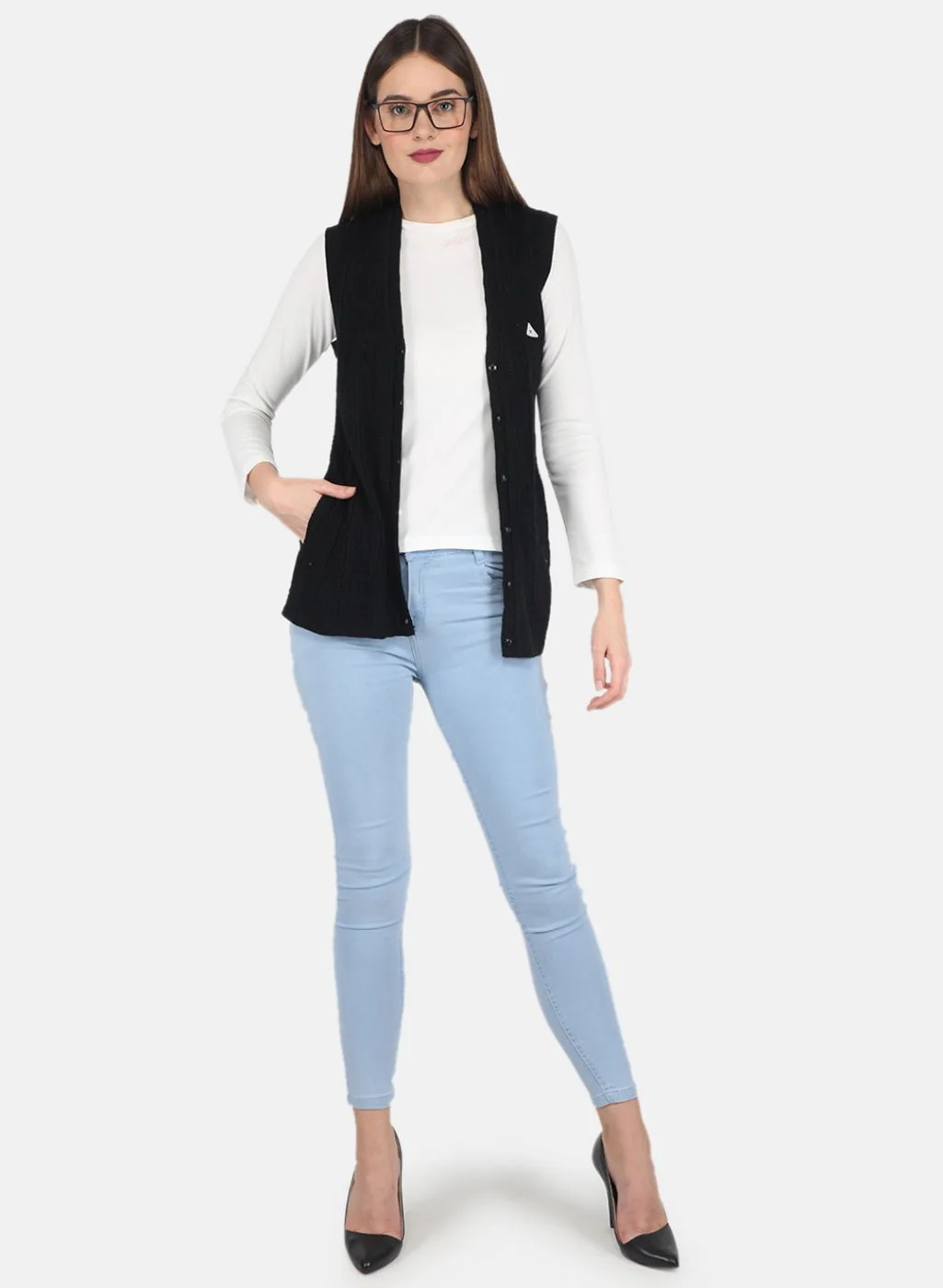 Women Black Self design Cardigan - Image 4