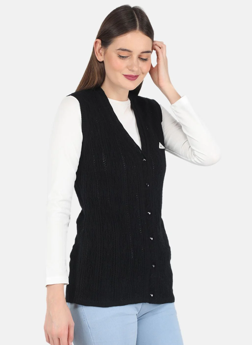 Women Black Self design Cardigan - Image 6