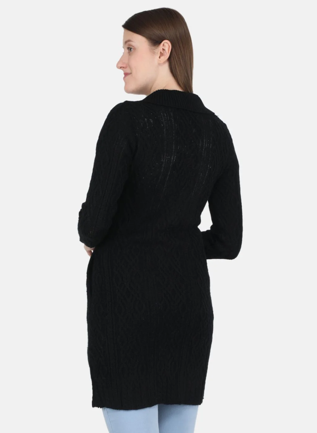 Women Black Self design Cardigan - Image 3