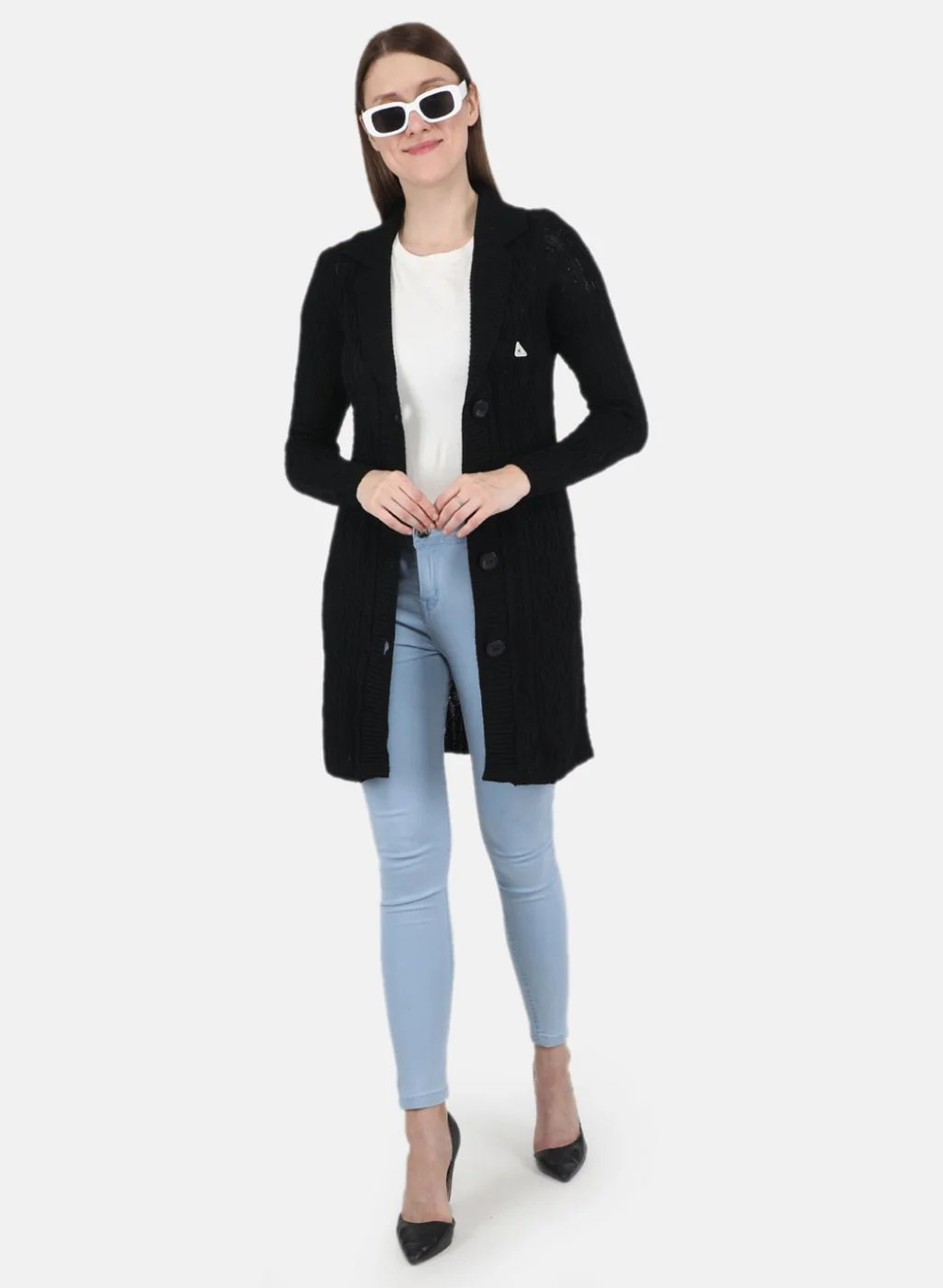 Women Black Self design Cardigan - Image 4