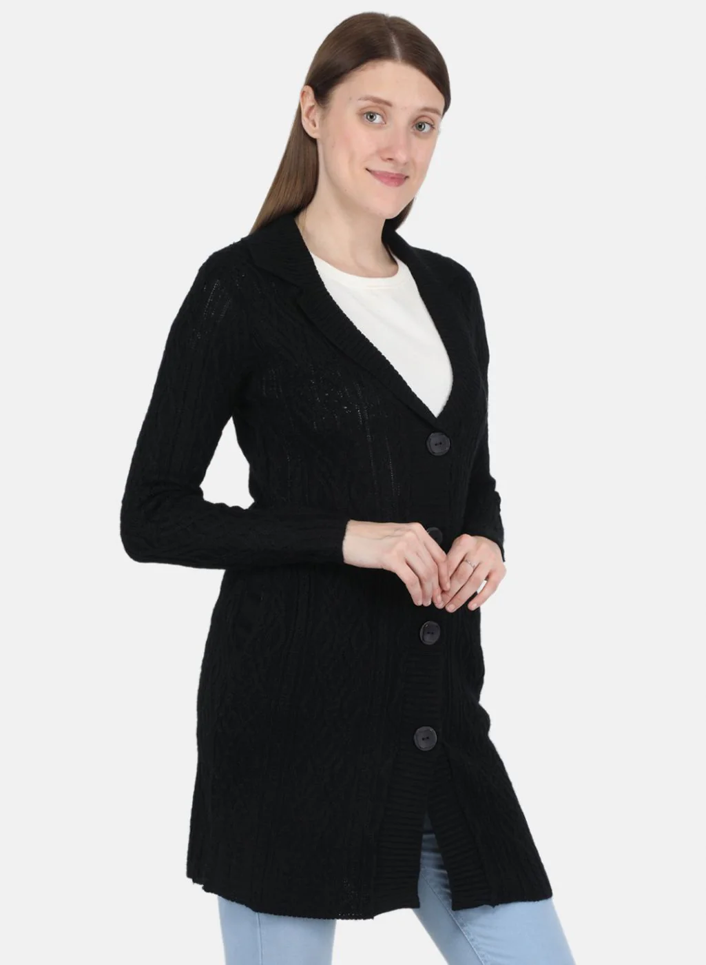 Women Black Self design Cardigan - Image 6