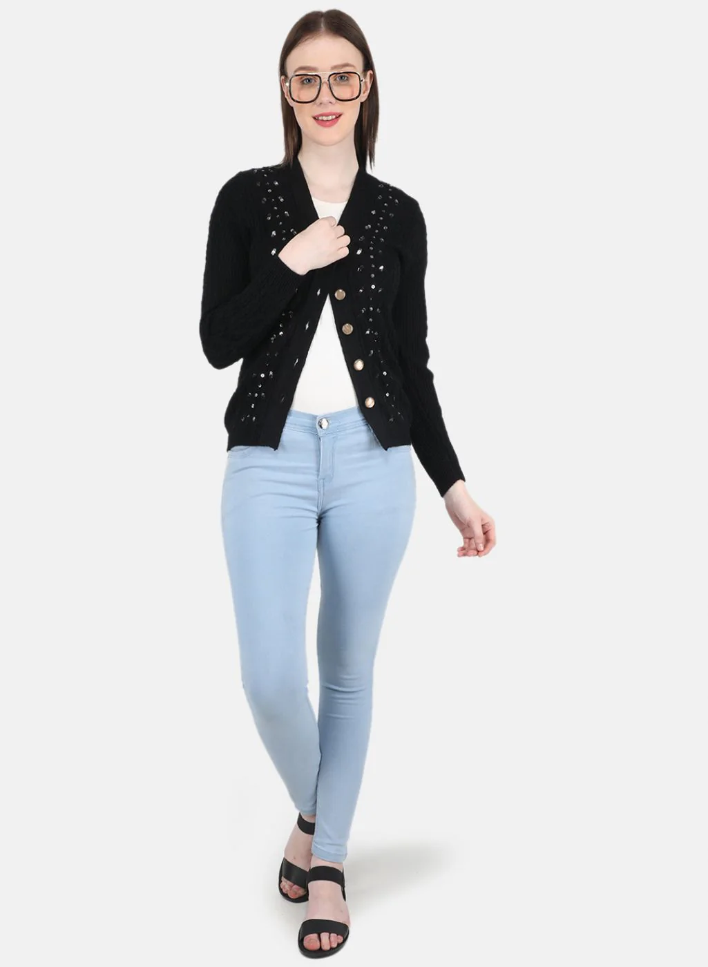 Women Black Self Design Cardigan - Image 4