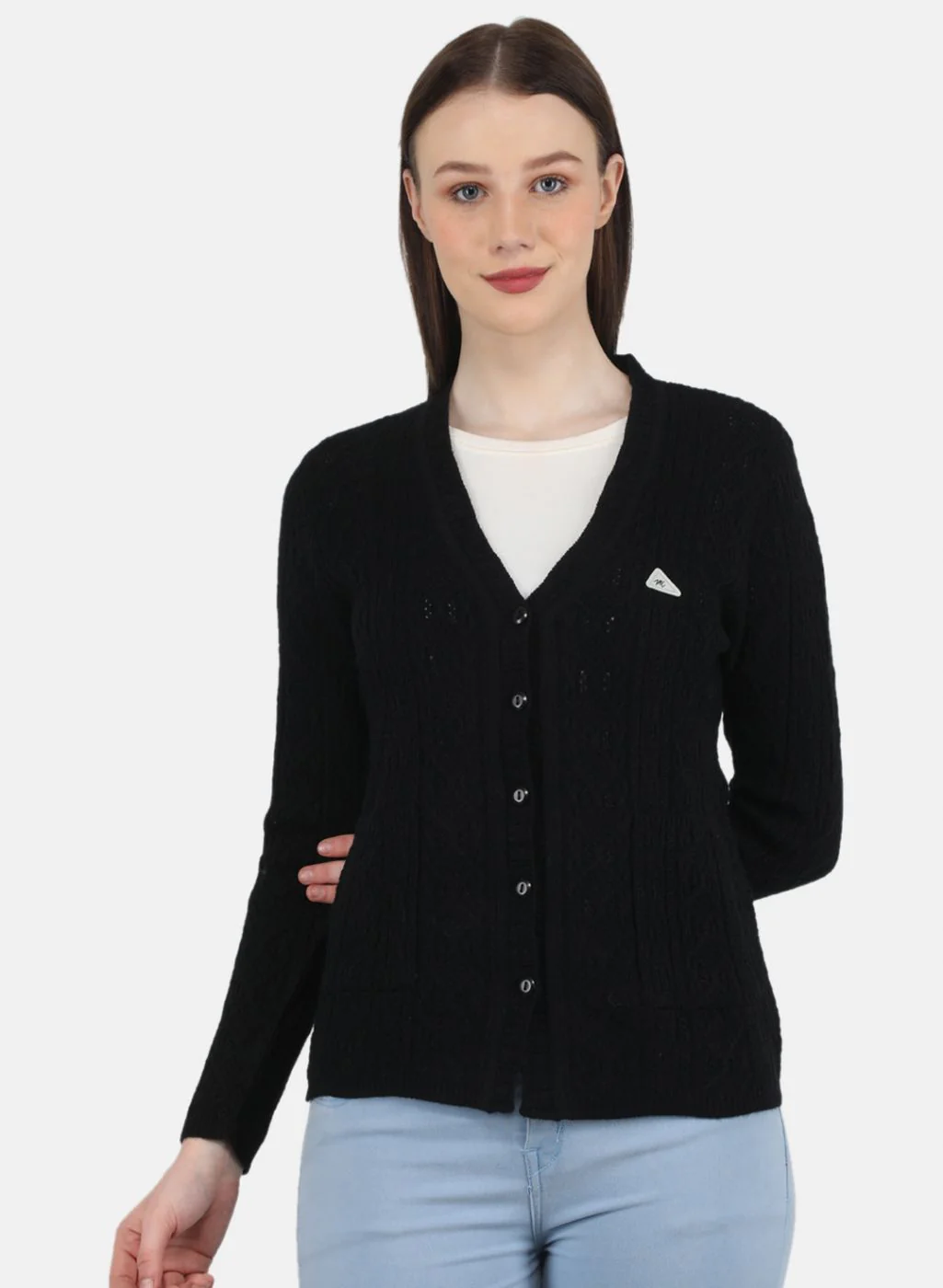 Women Black Self Design Cardigan