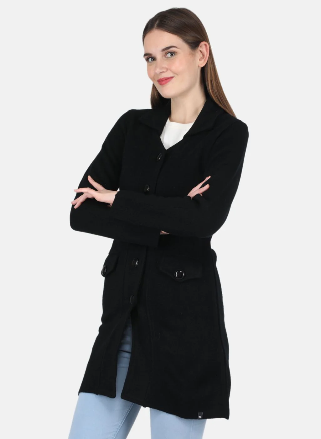 Women Black Self design Coat - Image 2
