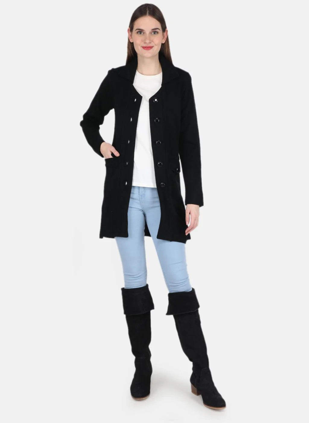 Women Black Self design Coat - Image 4