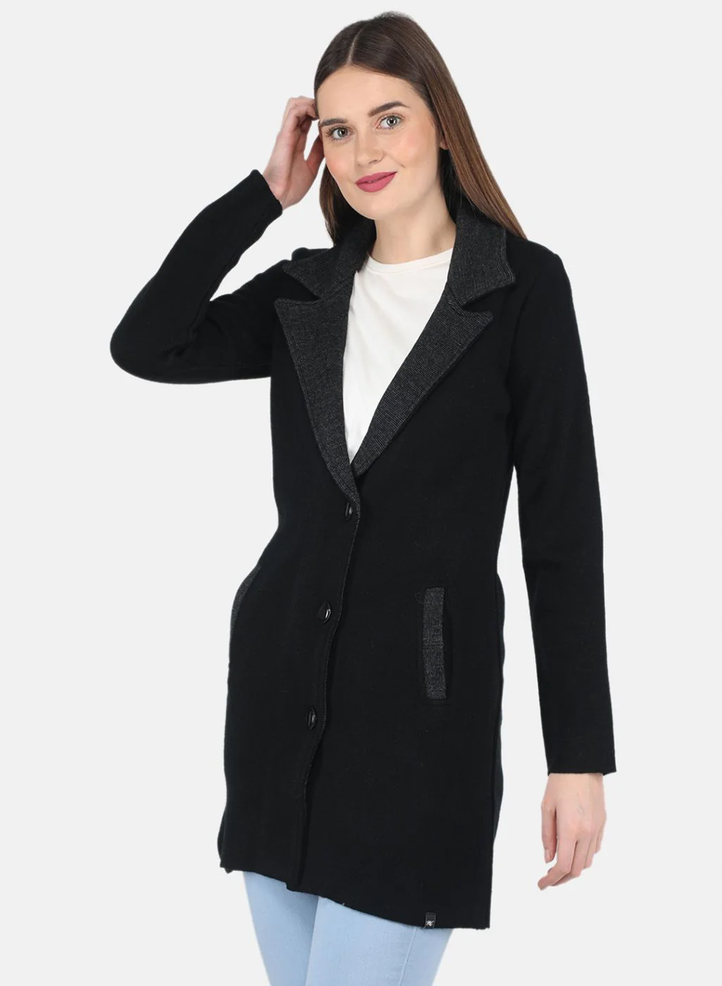 Women Black Self design Coat - Image 2