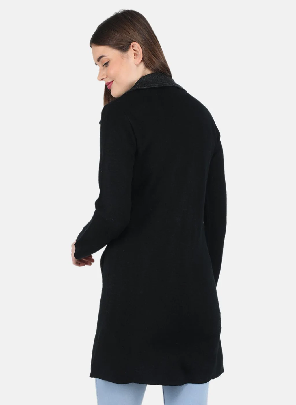 Women Black Self design Coat - Image 3