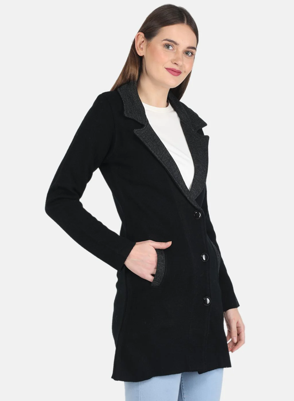 Women Black Self design Coat - Image 6
