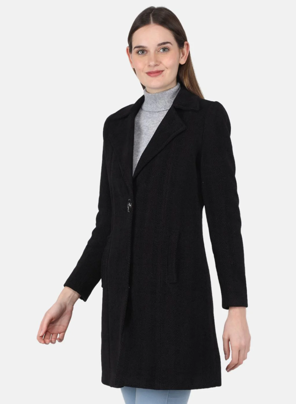 Women Black Solid Coat - Image 2